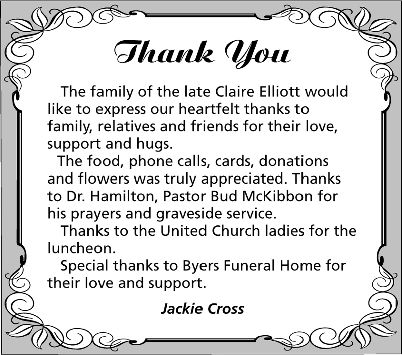 Thank You – The family of the late Claire Elliott - The Chesterville Record