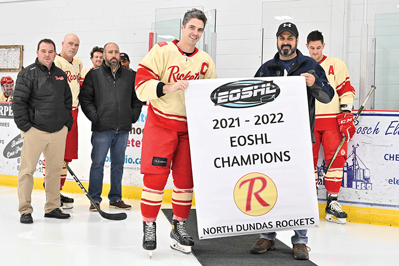 North Dundas Rockets cap banner presentation with a win